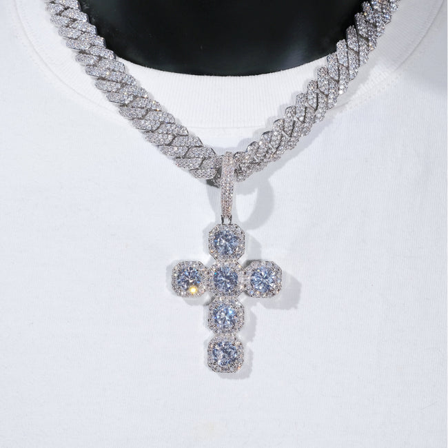 Iced Large Gemstone Cross Necklace Hover Image
