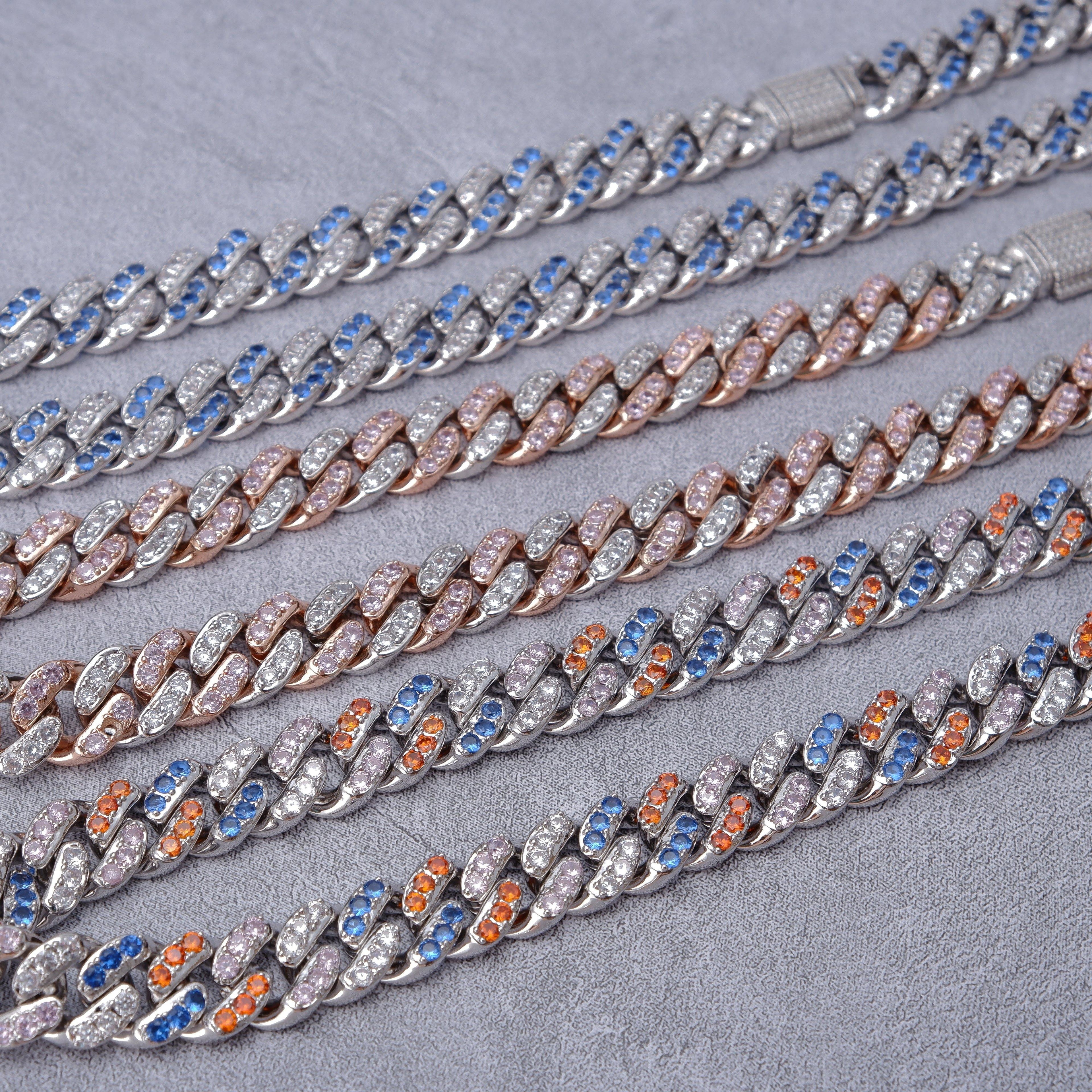 13mm 18K WhiteGold-Plated Colorful Iced Cuban Chain