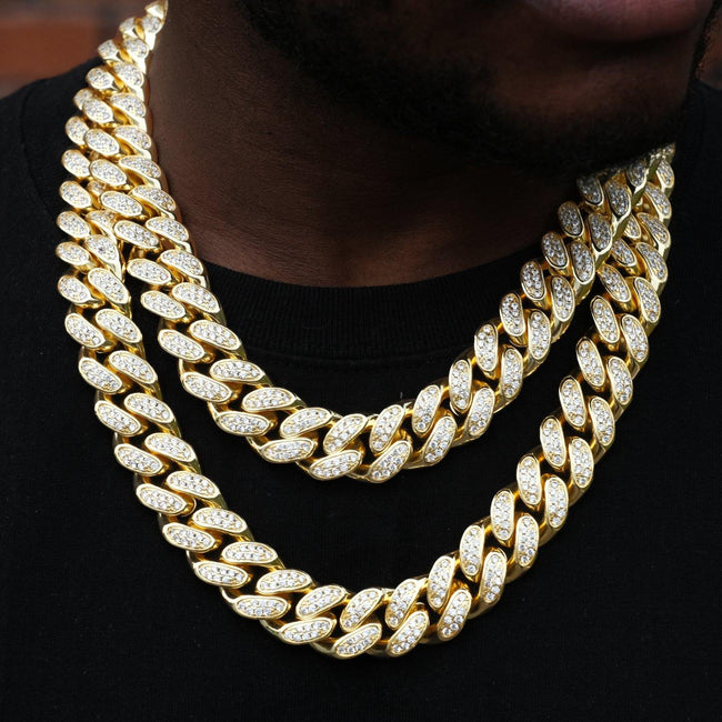 19mm Box Clasp Iced Cuban Link Chain in 18K Gold Hover Image