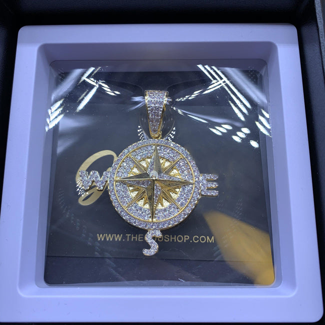 Iced Two-tone 45mm Gold-Plated  CZ  Compass  Pendant $ Cuban Link Chain Hover Image