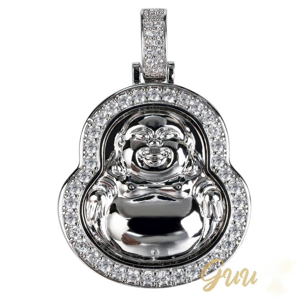 Iced  Gold-Plated & Silver CZ  Maitreya Buddha  Pendant & Cuban Link Chain