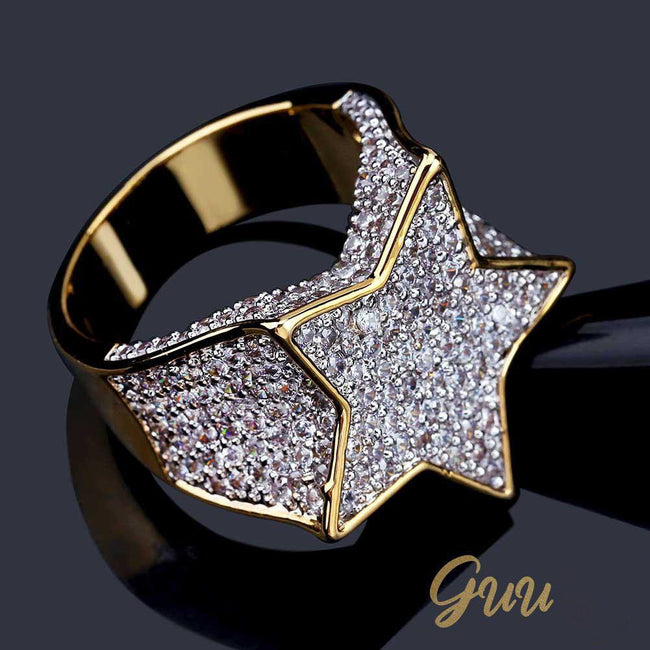 Gold-Plated Micro-inlay CZ Pentagram Ring Hover Image