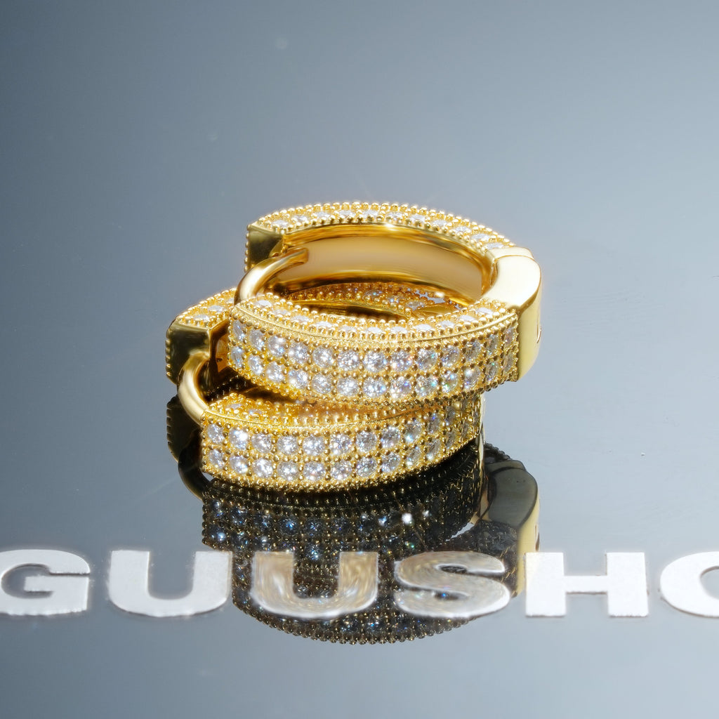 925s VVS1 Moissanite Fully Iced 3D Hoop Earrings In 18k Gold