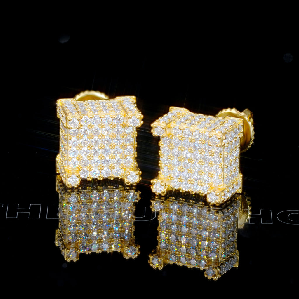 925s VVS Moissanite Iced 3D Cube Earrings In 18K Gold