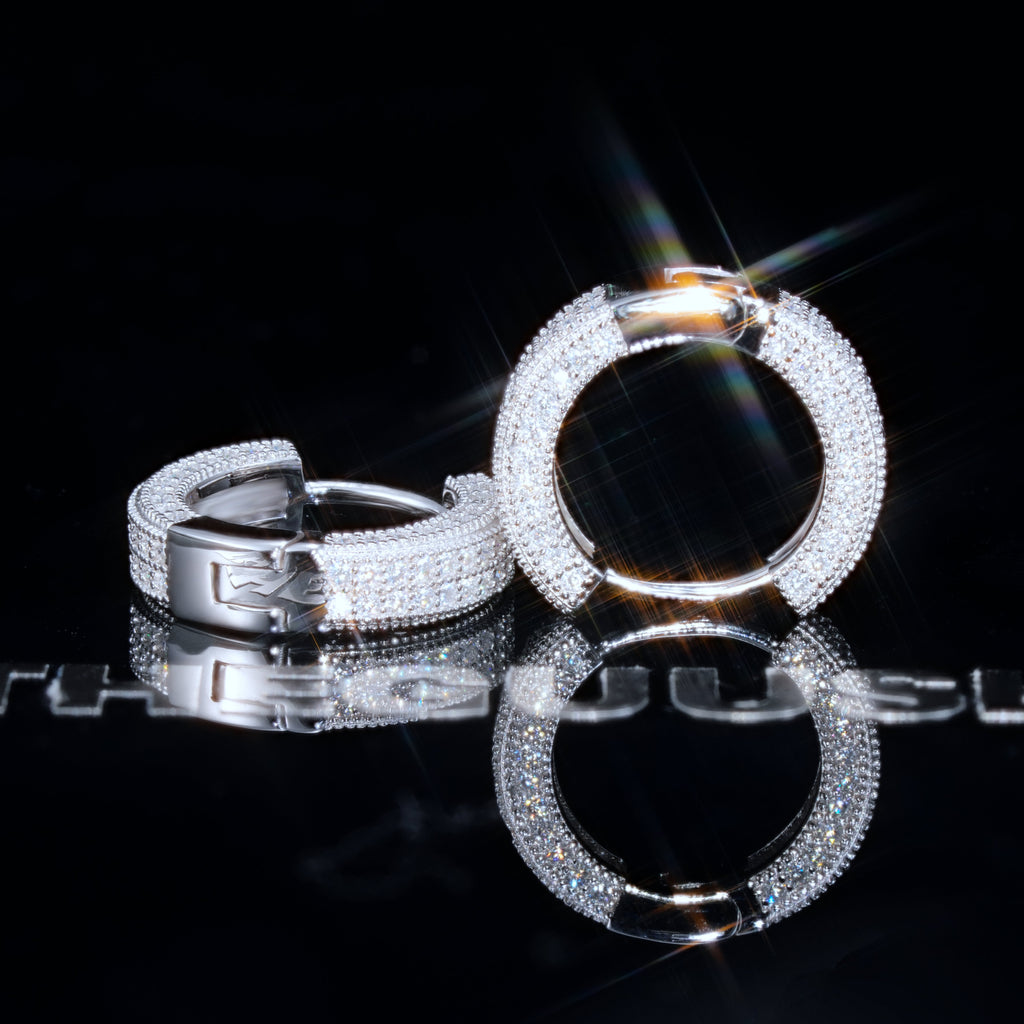925s VVS1 Moissanite Fully Iced 3D Hoop Earrings In White Gold