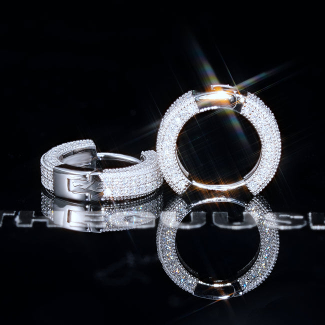 925s VVS1 Moissanite Fully Iced 3D Hoop Earrings In White Gold Main Image