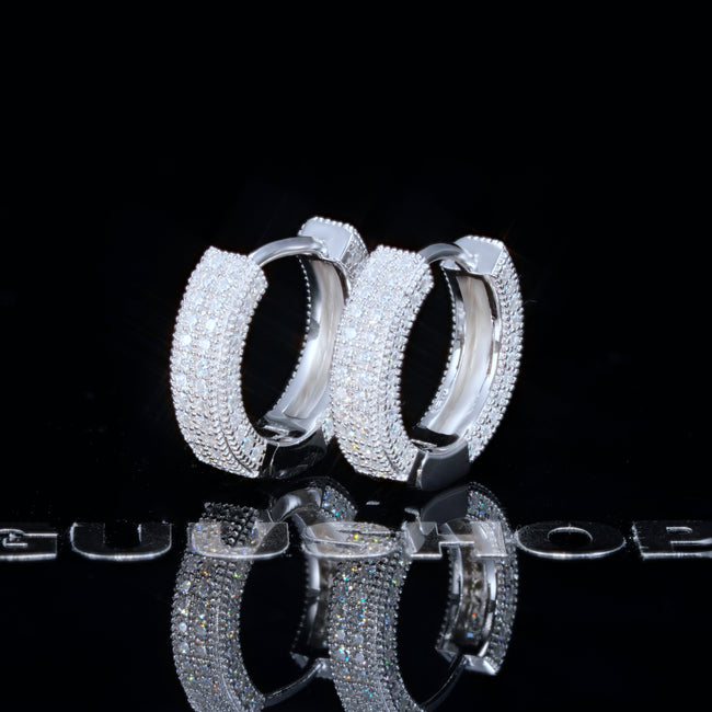 925s VVS1 Moissanite Fully Iced 3D Hoop Earrings In White Gold Hover Image